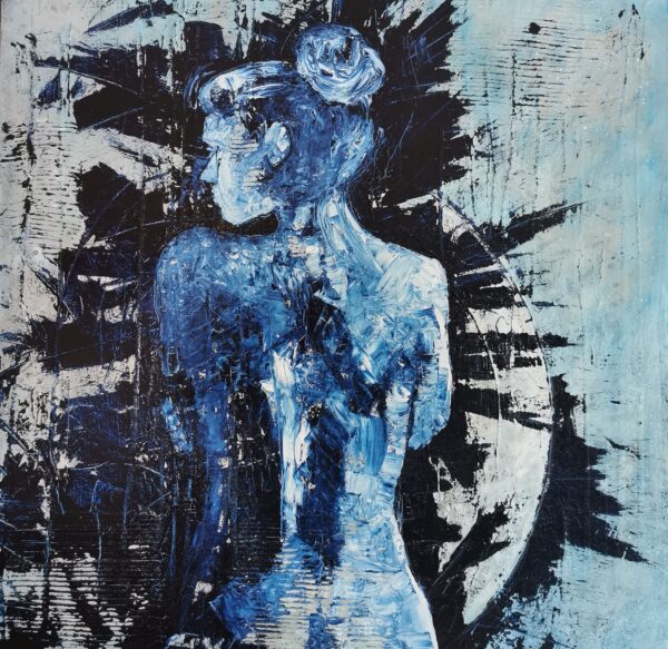 Abstract painting featuring a blue-toned silhouette of a woman with intricate textures.